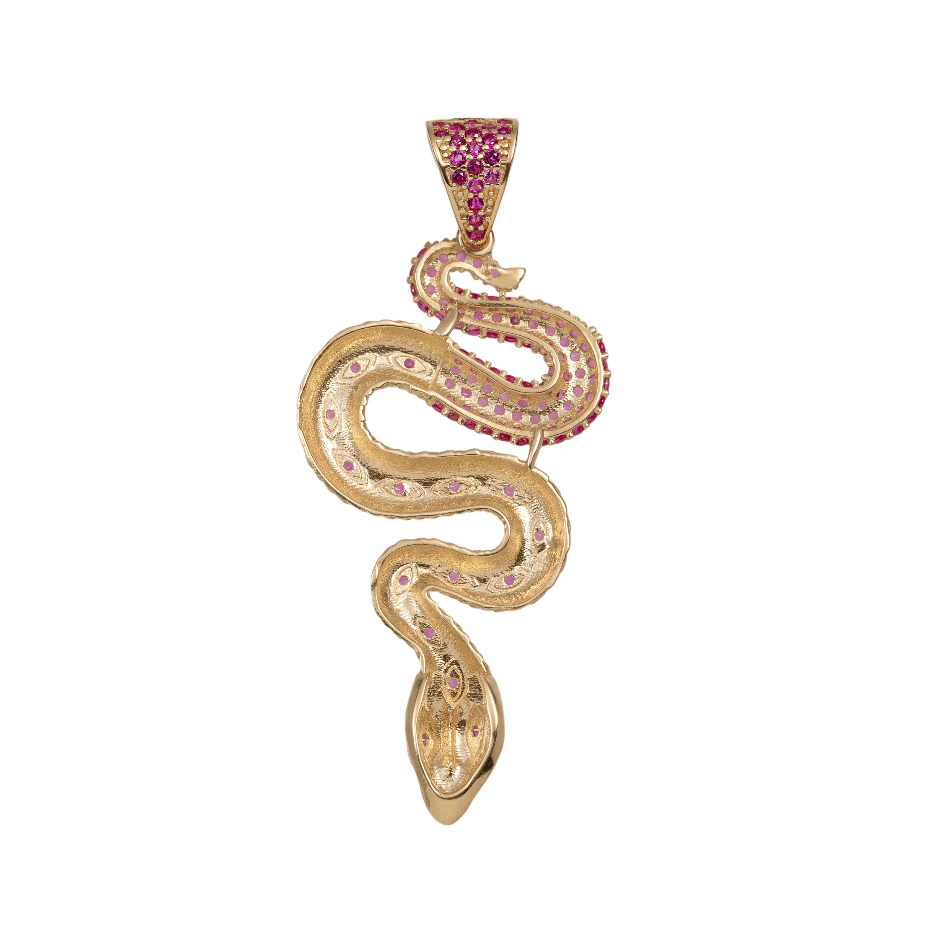 1 3/4" Ruby CZ Snake Pendant 14K Yellow Gold