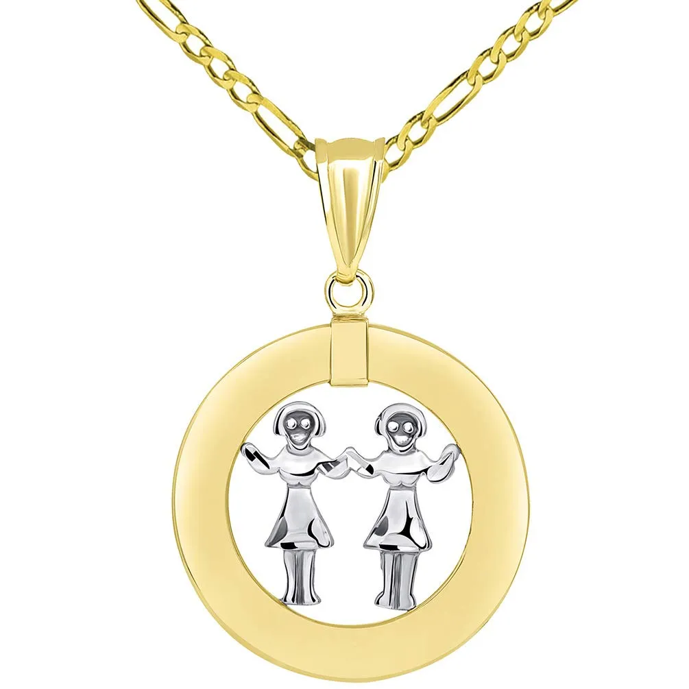 14k Gold Open Circle Gemini Zodiac Sign Pendant Figaro Necklace - Two-Tone Gold