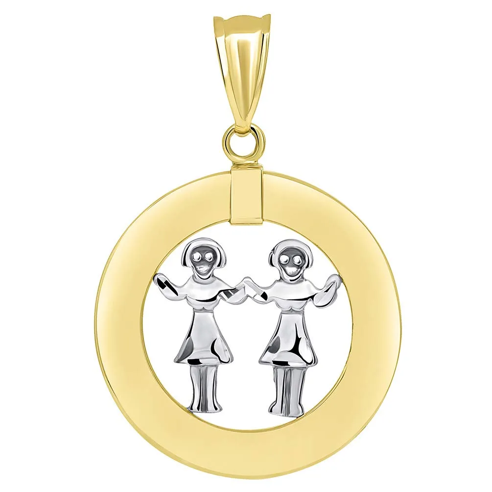 14k Gold Open Circle Gemini Zodiac Sign Pendant Figaro Necklace - Two-Tone Gold