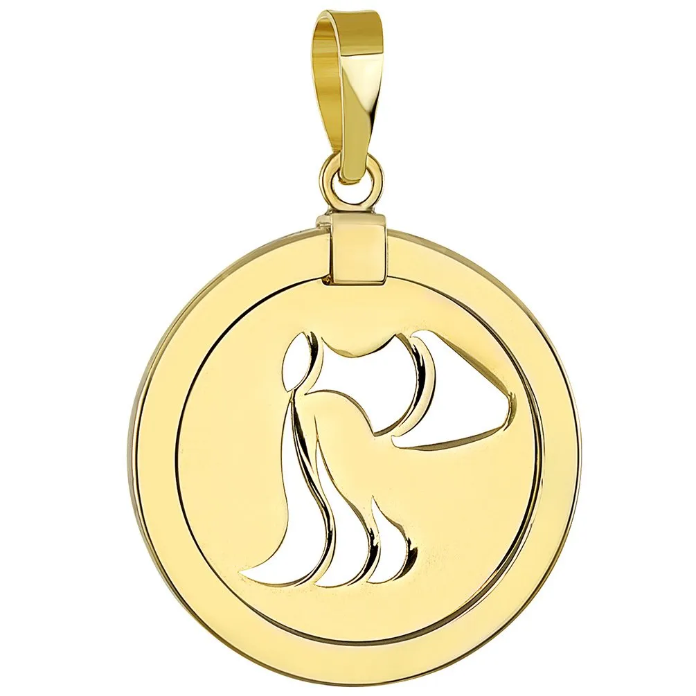 14K Gold Reversible Round Aquarius Zodiac Sign Pendant with Figaro Chain Necklace - Yellow Gold