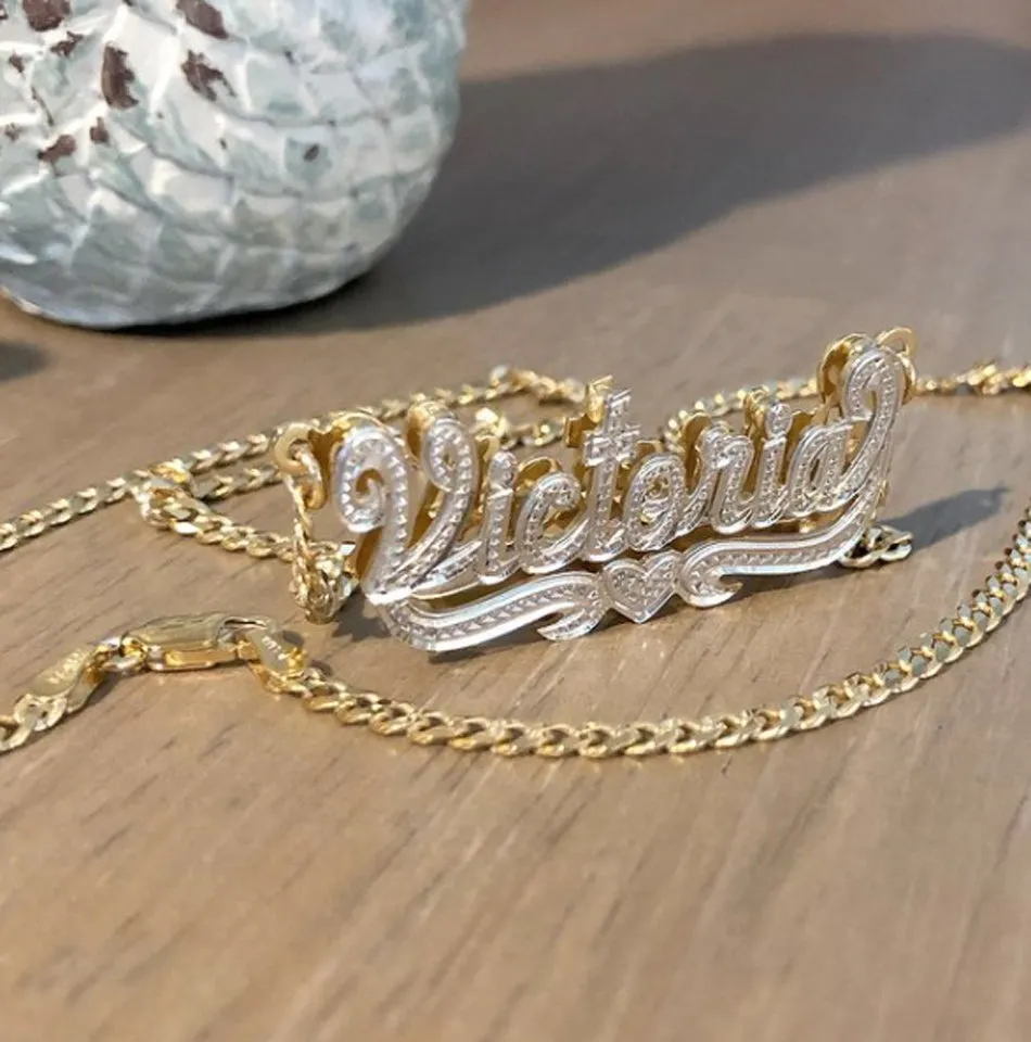14K Solid Gold Double Plated Beaded Nameplate Necklace w/ Cuban Chain