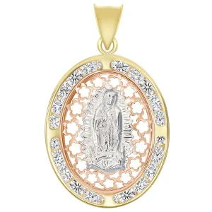 14k Tri-Color Gold CZ Our Lady of Guadalupe Floral Miraculous Medallion Pendant
