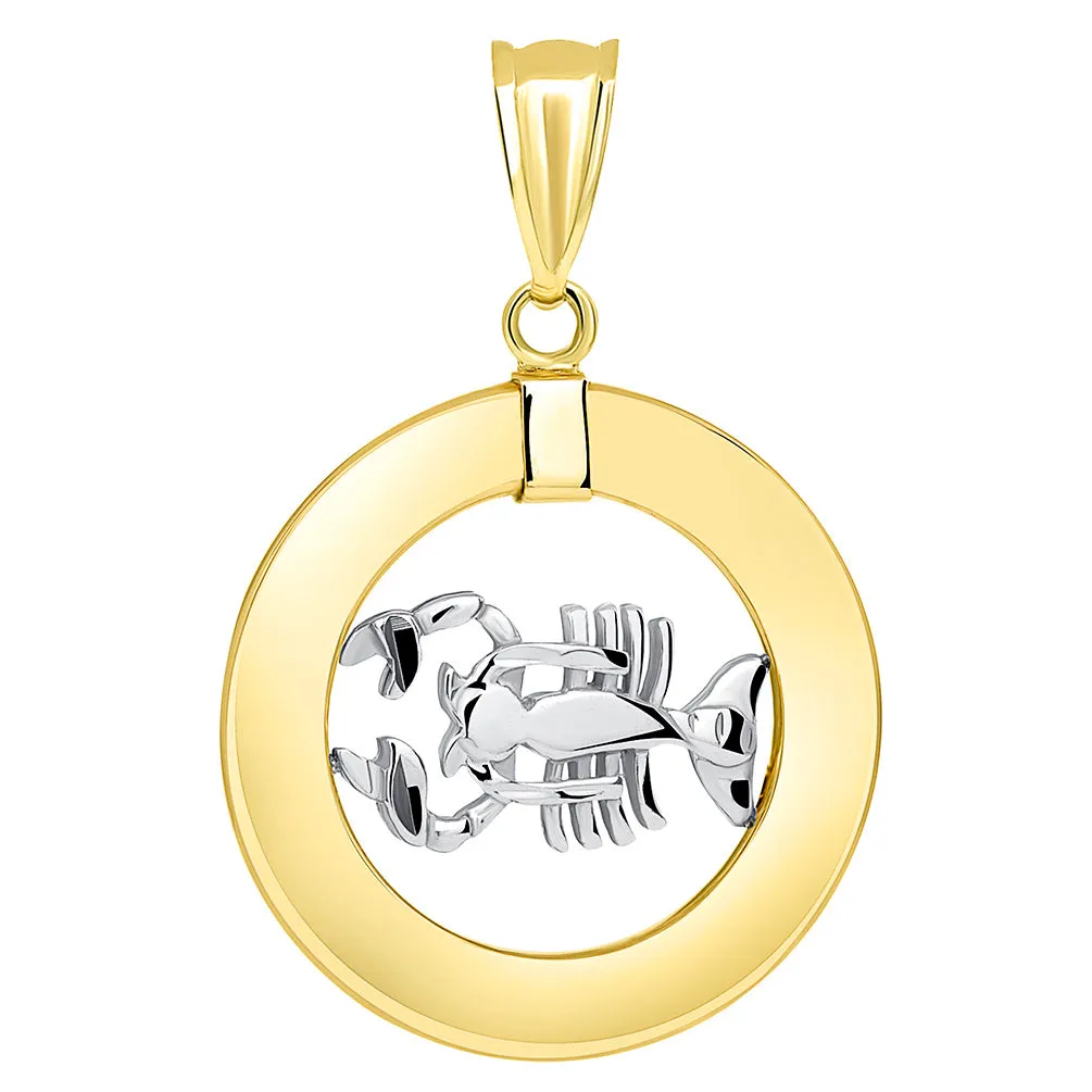 14k Two Tone Gold Open Circle Cancer Zodiac Sign Pendant Figaro Necklace