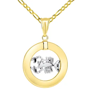 14k Two Tone Gold Open Circle Cancer Zodiac Sign Pendant Figaro Necklace