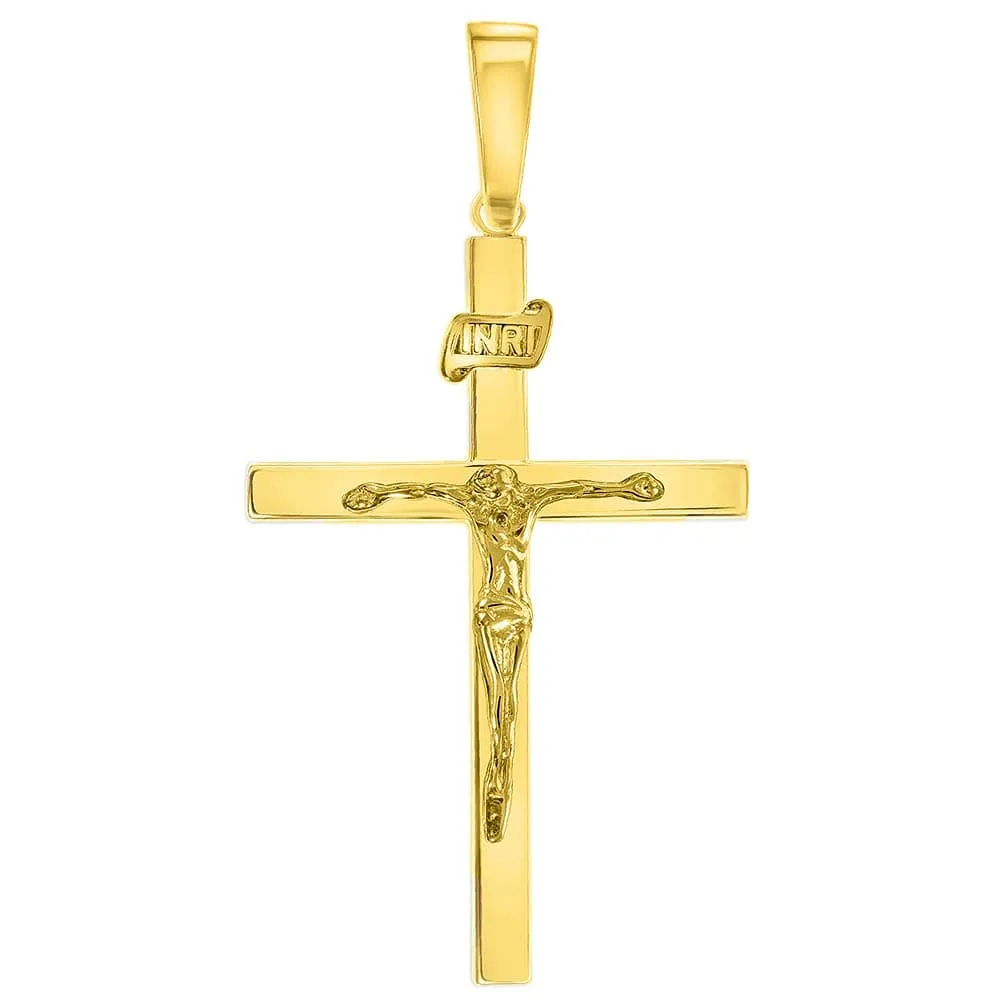 14k Yellow Gold 3D INRI Catholic Christian Crucifix Cross Pendant with Figaro Chain Necklace