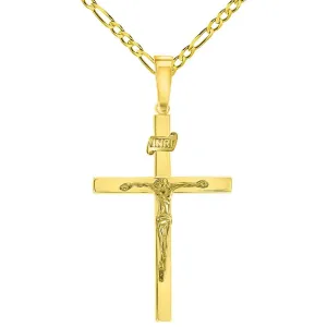 14k Yellow Gold 3D INRI Catholic Christian Crucifix Cross Pendant with Figaro Chain Necklace