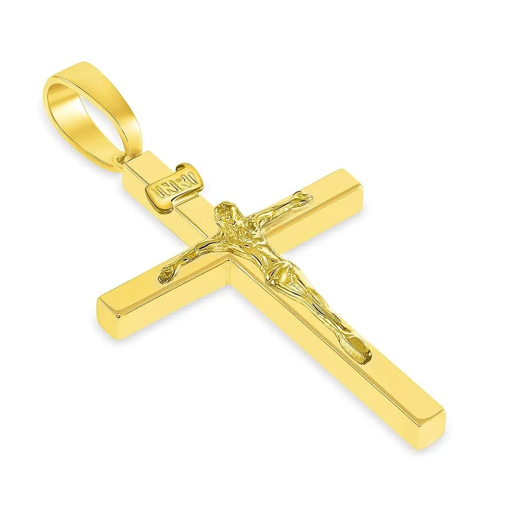14k Yellow Gold 3D INRI Catholic Christian Crucifix Cross Pendant with Figaro Chain Necklace