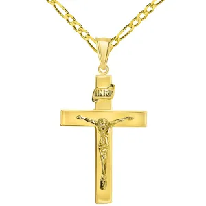 14k Yellow Gold 4mm Thick INRI Tubular Crucifix Roman Catholic Cross Pendant with Figaro Chain Necklace