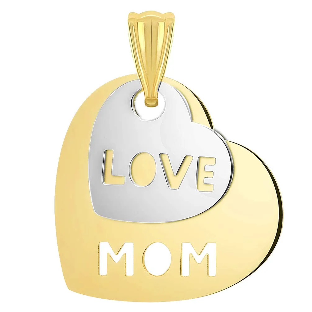 14k Yellow Gold and White Gold Double Heart with Cut-Out Love Mom Pendant Curb Chain Necklace
