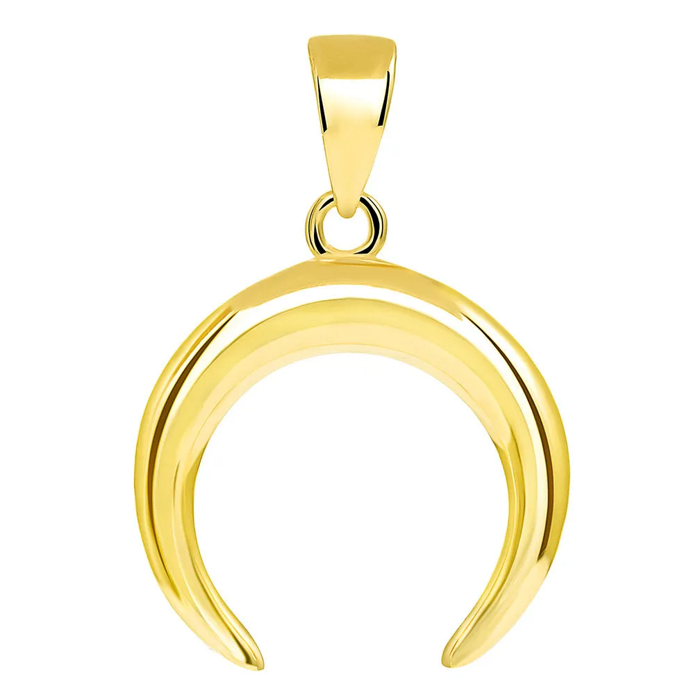 14k Yellow Gold Double Horn High Polished Crescent Moon Pendant with Cuban Chain Necklace