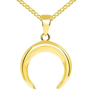 14k Yellow Gold Double Horn High Polished Crescent Moon Pendant with Cuban Chain Necklace