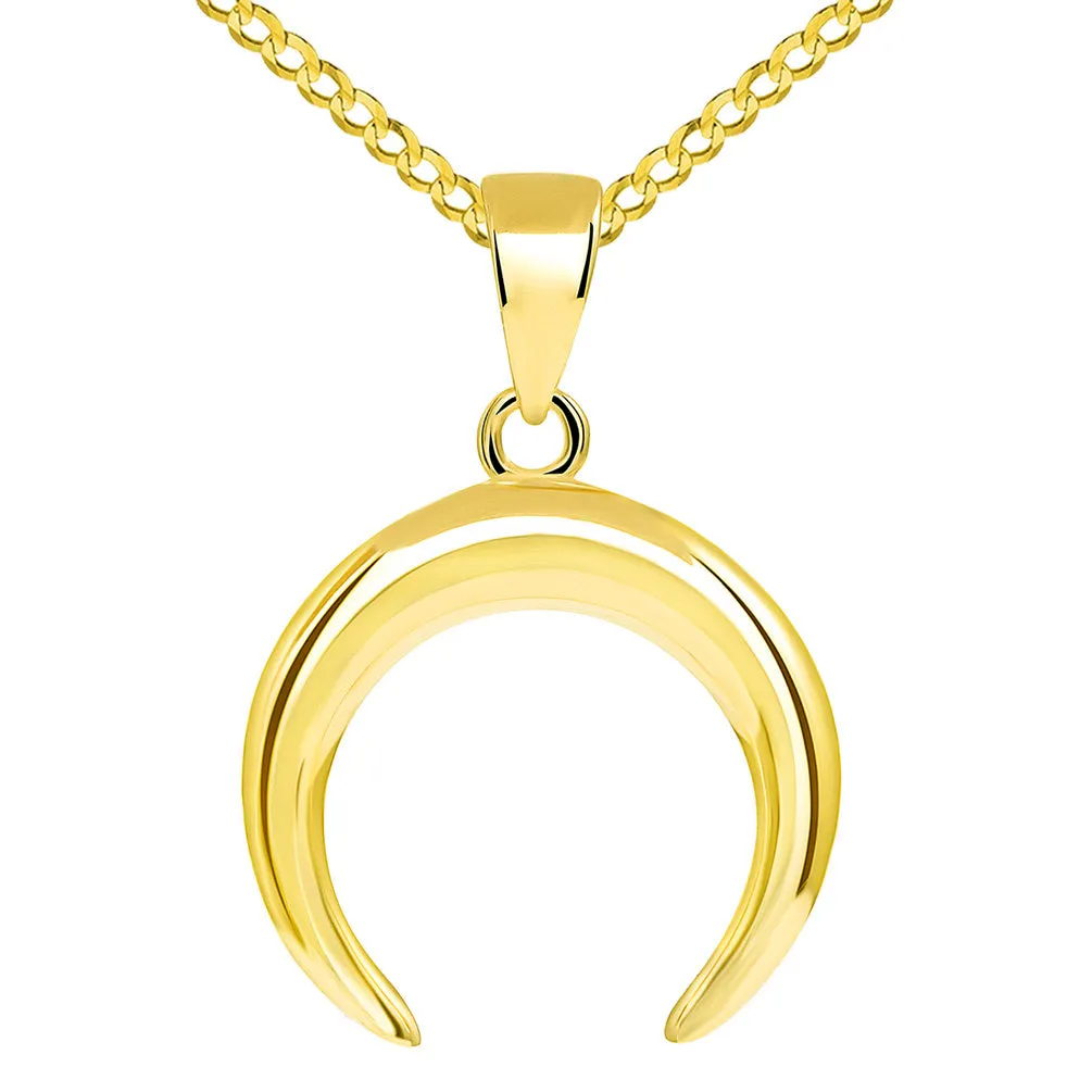 14k Yellow Gold Double Horn High Polished Crescent Moon Pendant with Cuban Chain Necklace