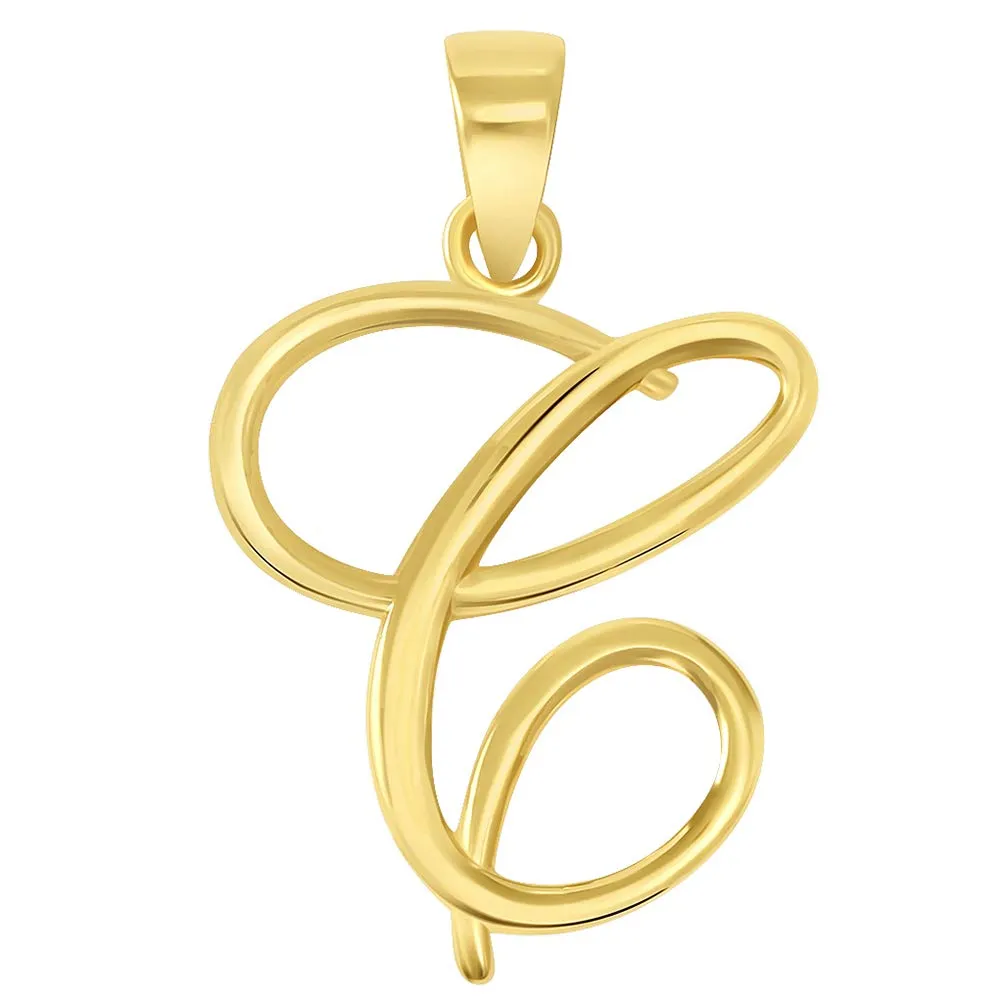14k Yellow Gold Elegant Script Letter C Cursive Initial Pendant with Figaro Chain Necklace