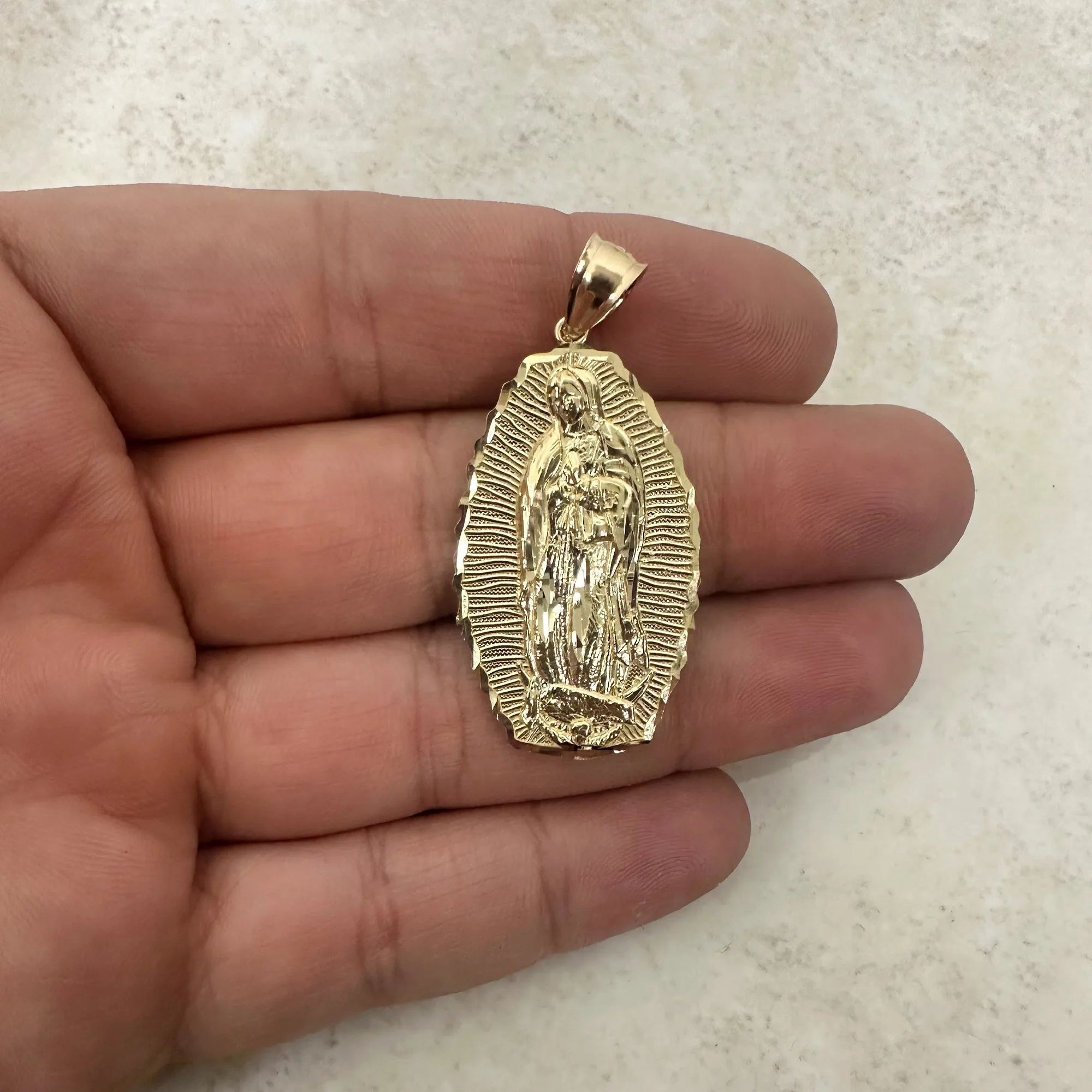 14k Yellow Gold Large Textured Luminous Our Lady of Guadalupe Pendant - 1.5 Inch Height