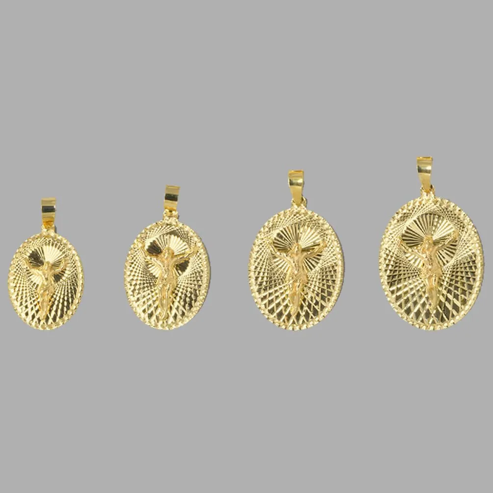 14k Yellow Gold Oval Shape Jesus Crucifix Textured Medallion Pendant with Cuban Curb Chain Necklace - 4 Sizes