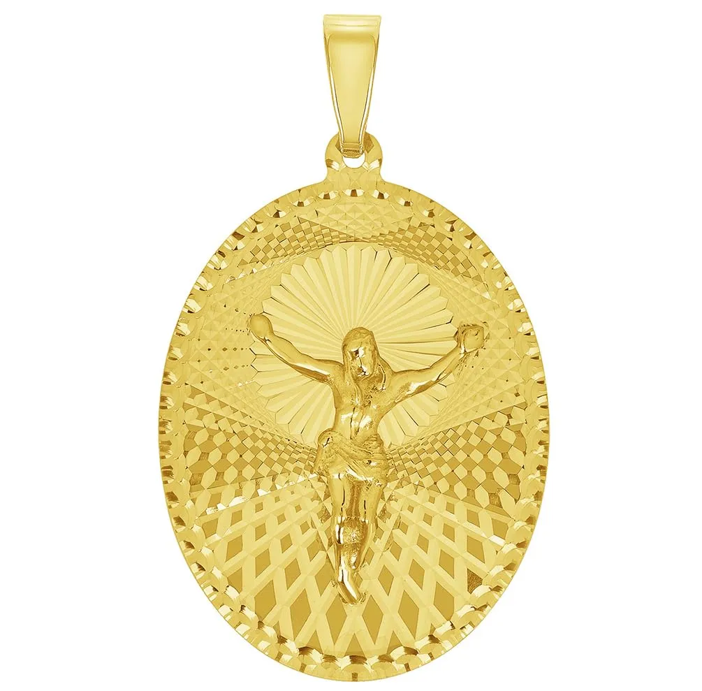 14k Yellow Gold Oval Shape Jesus Crucifix Textured Medallion Pendant with Cuban Curb Chain Necklace - 4 Sizes