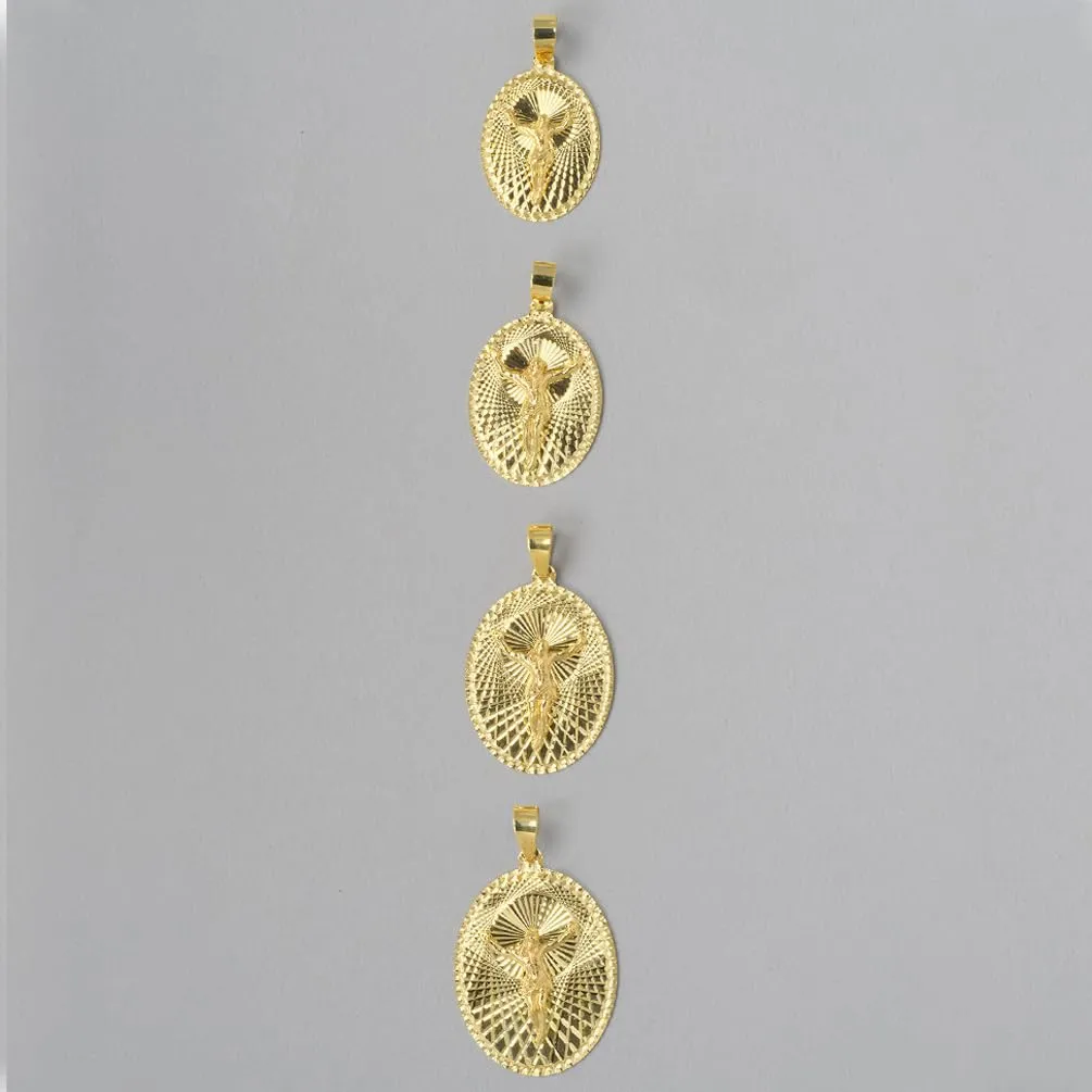 14k Yellow Gold Oval Shape Jesus Crucifix Textured Medallion Pendant with Cuban Curb Chain Necklace - 4 Sizes