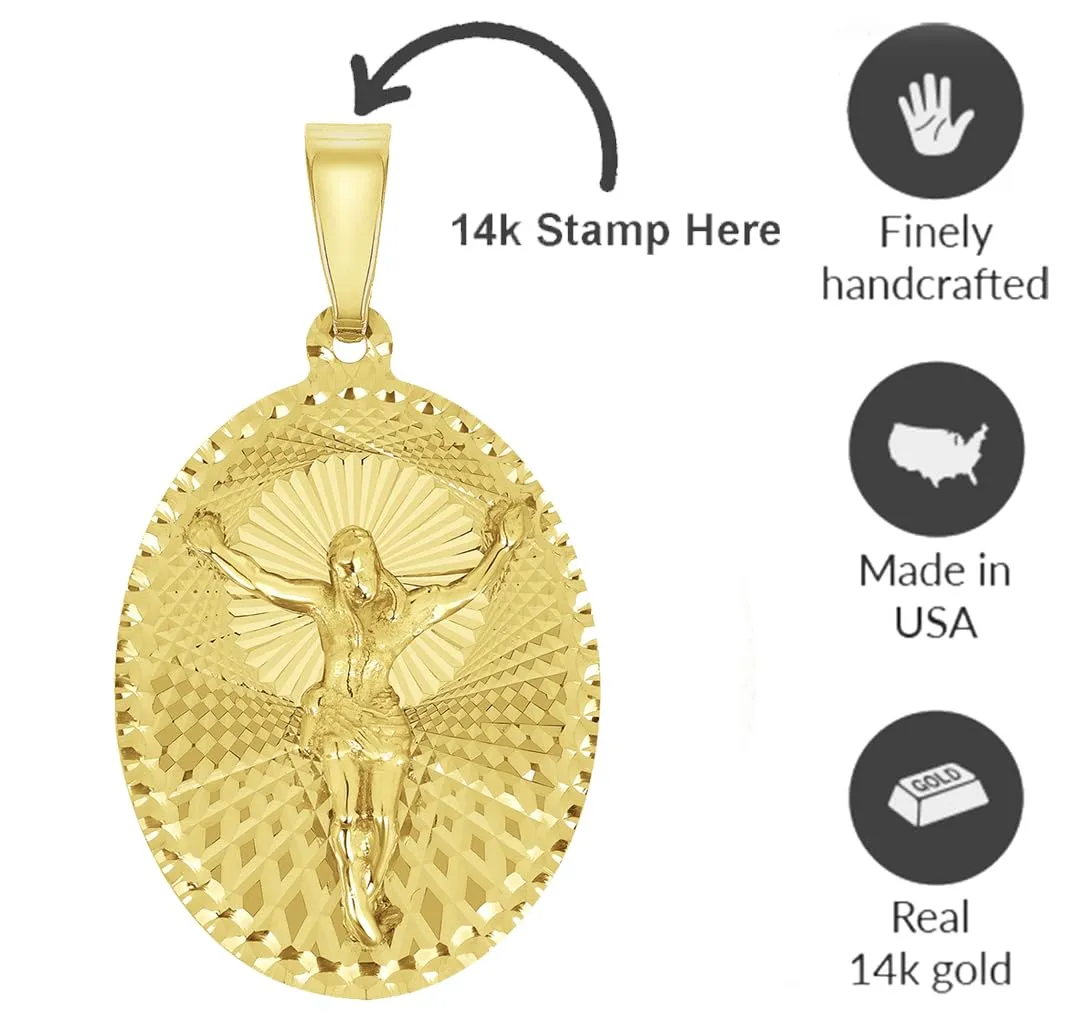 14k Yellow Gold Oval Shape Jesus Crucifix Textured Medallion Pendant with Cuban Curb Chain Necklace - 4 Sizes