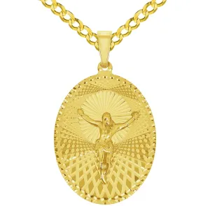14k Yellow Gold Oval Shape Jesus Crucifix Textured Medallion Pendant with Cuban Curb Chain Necklace - 4 Sizes