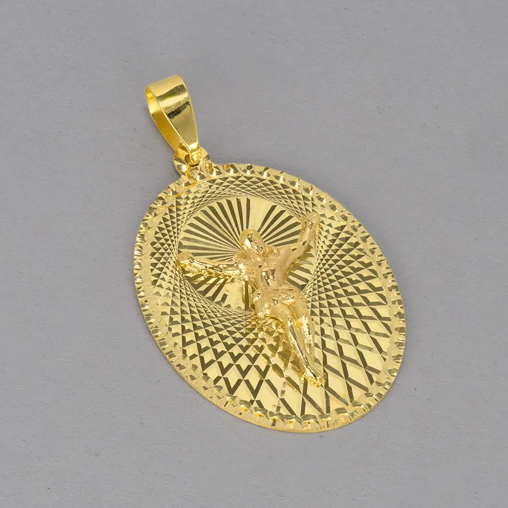 14k Yellow Gold Oval Shape Jesus Crucifix Textured Medallion Pendant with Cuban Curb Chain Necklace - 4 Sizes