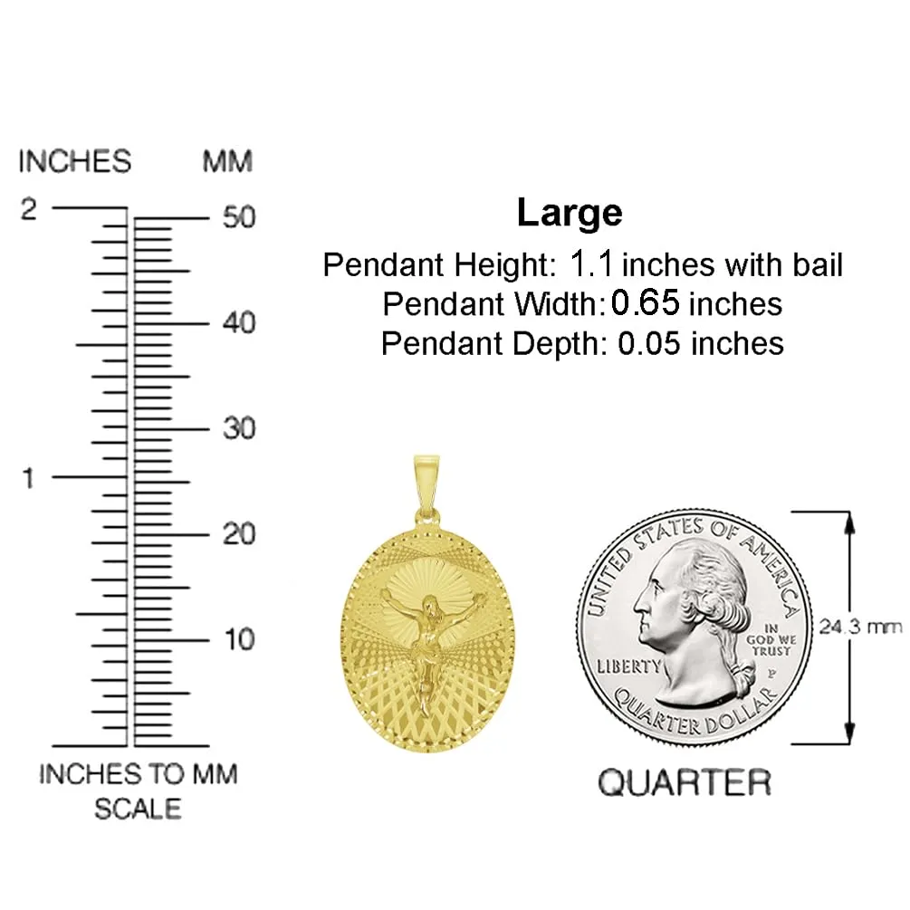 14k Yellow Gold Oval Shape Jesus Crucifix Textured Medallion Pendant with Cuban Curb Chain Necklace - 4 Sizes