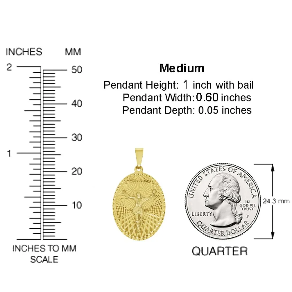14k Yellow Gold Oval Shape Jesus Crucifix Textured Medallion Pendant with Cuban Curb Chain Necklace - 4 Sizes