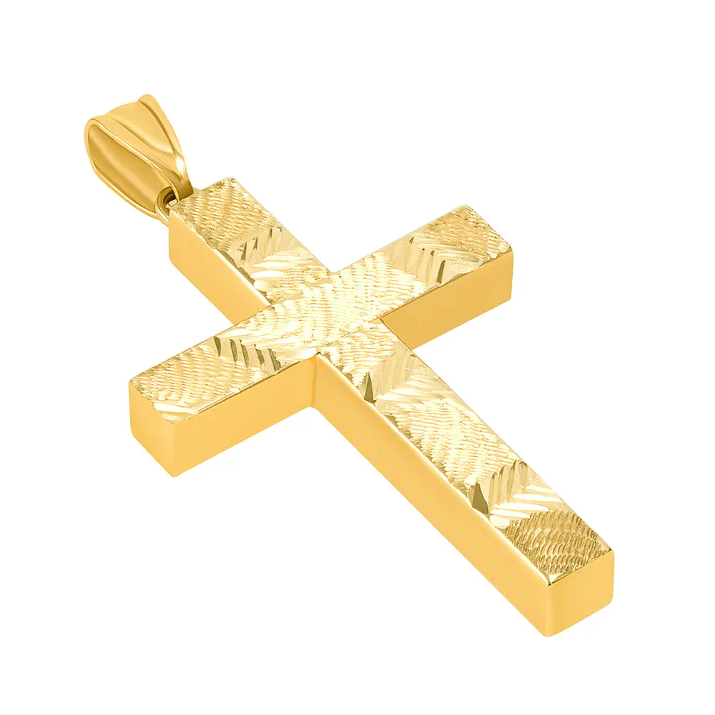 14k Yellow Gold Polished and Textured Reversible Religious Plain Cross Pendant Necklace