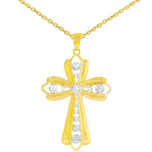 14K Yellow Gold Polished Textured Milgrain Edged Cross Pendant Necklace