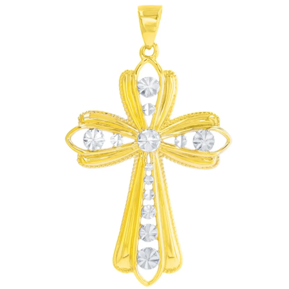 14K Yellow Gold Polished Textured Milgrain Edged Cross Pendant Necklace