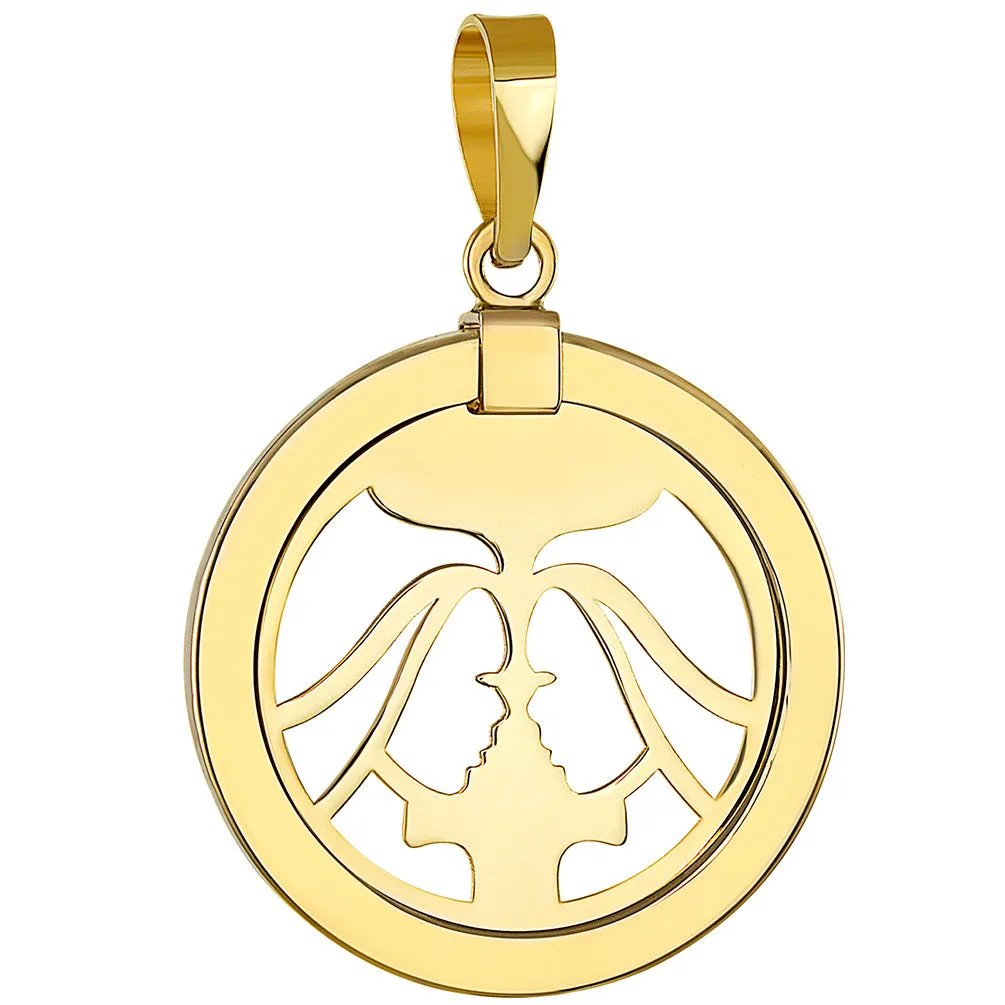 14K Yellow Gold Reversible Round Gemini Twins Zodiac Sign Pendant with Cuban Chain Necklace