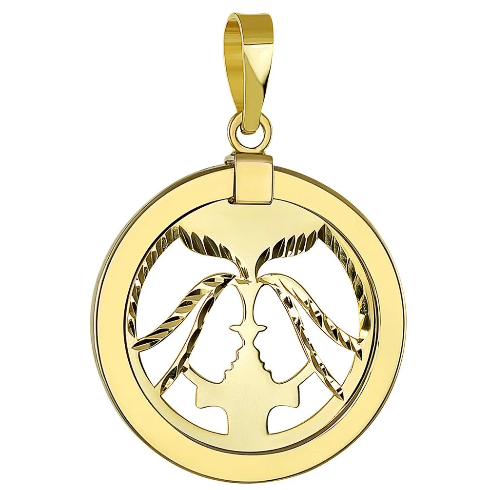 14K Yellow Gold Reversible Round Gemini Twins Zodiac Sign Pendant with Cuban Chain Necklace