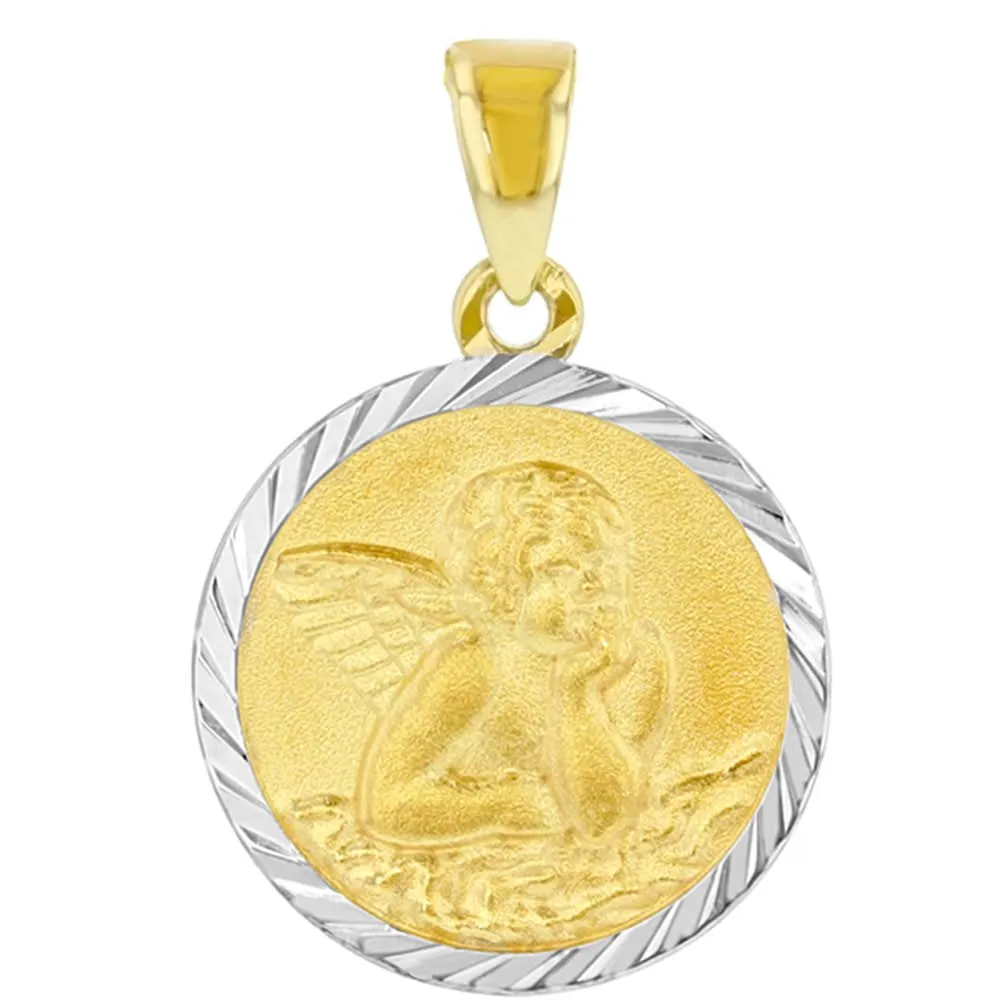 14k Yellow Gold Round Baptism Charm Guardian Angel Textured Medallion Pendant Cuban Chain Necklace