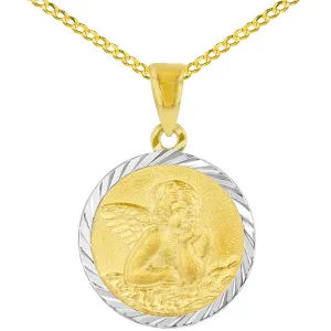 14k Yellow Gold Round Baptism Charm Guardian Angel Textured Medallion Pendant Cuban Chain Necklace