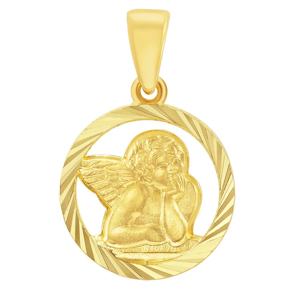 14k Yellow Gold Textured Open Round Guardian Angel Pendant Necklace