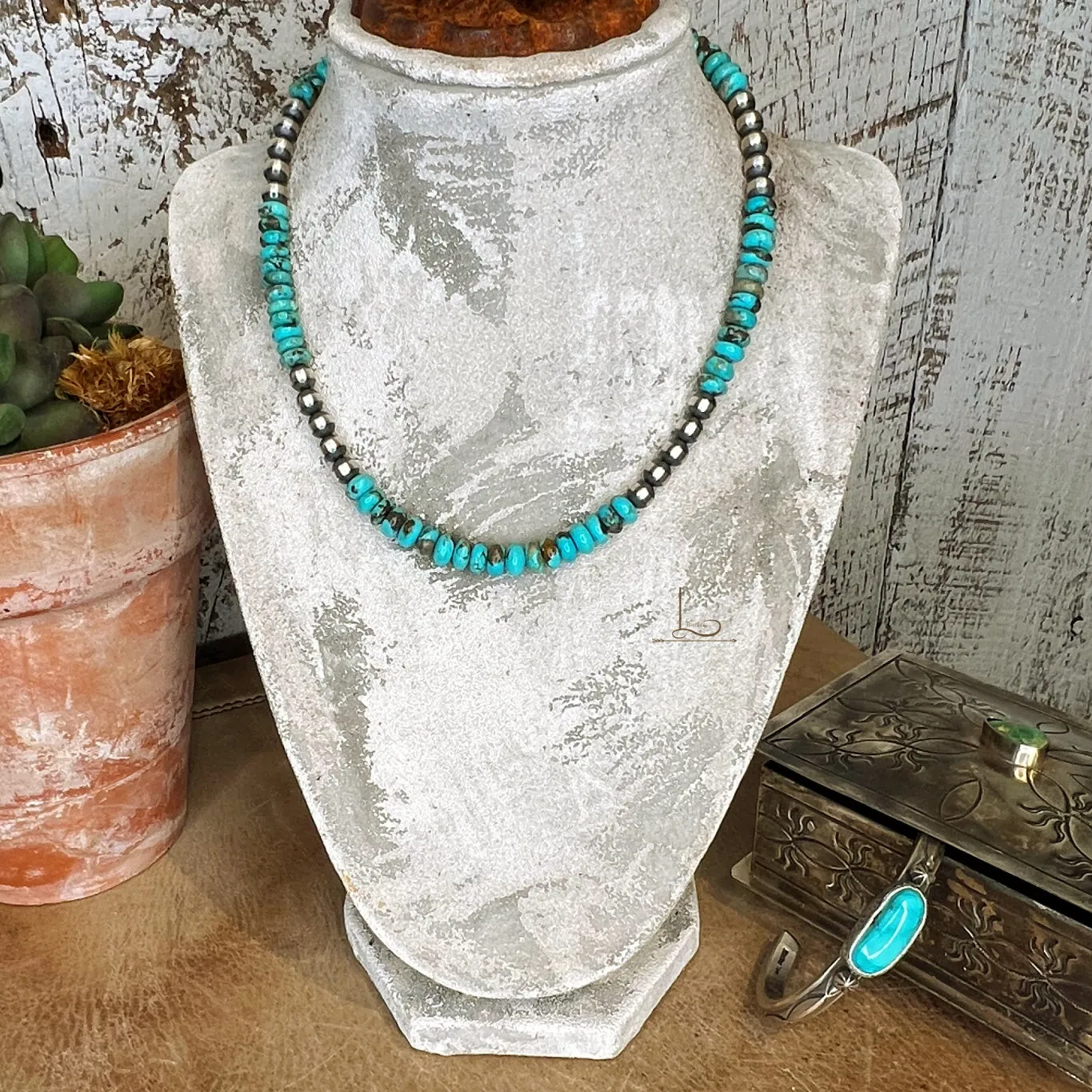 16 Sterling Silver Pearl & Turquoise Necklace