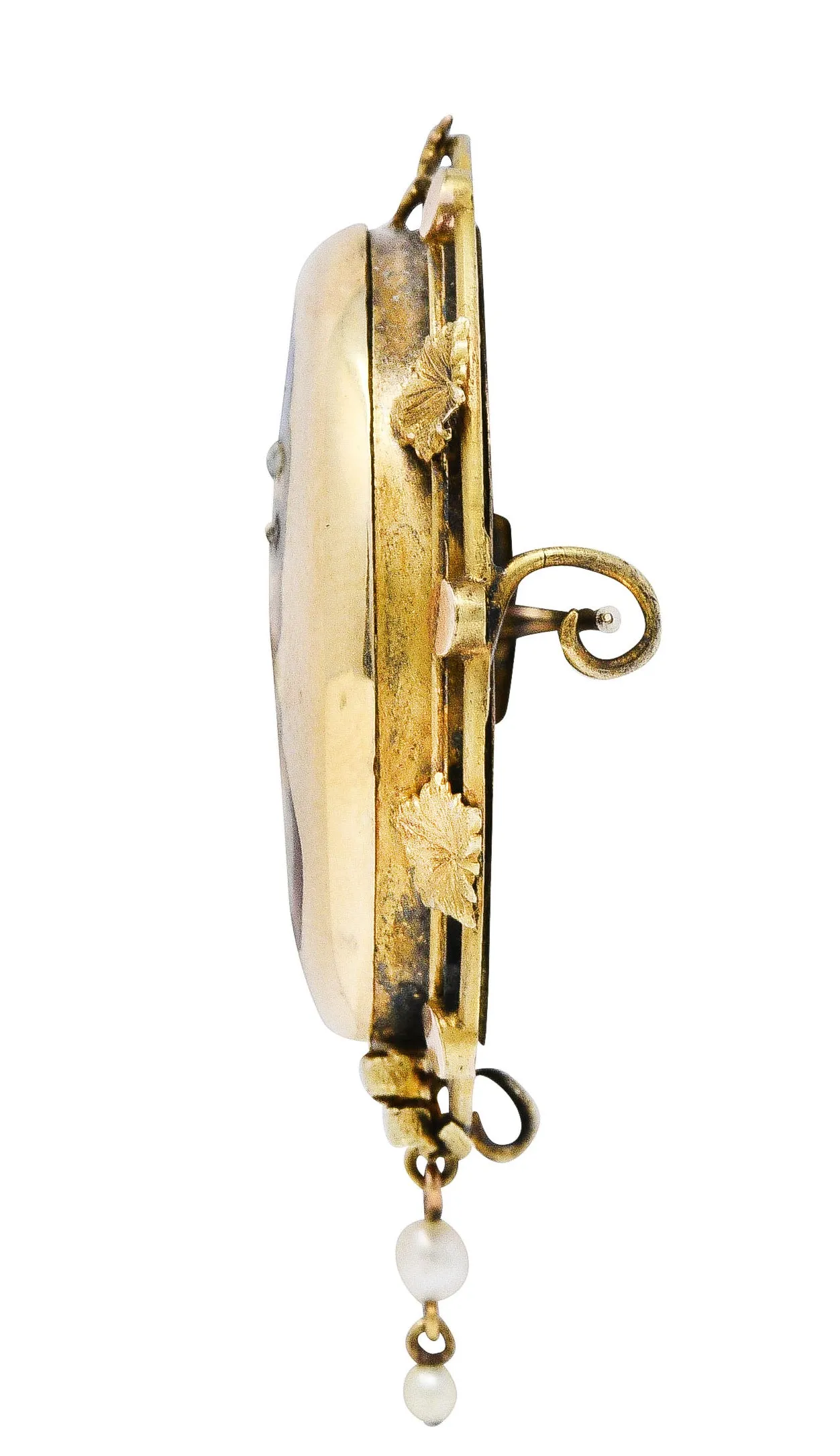1860's Victorian Enamel Diamond Pearl 14 Karat Gold Masked Beauty Brooch