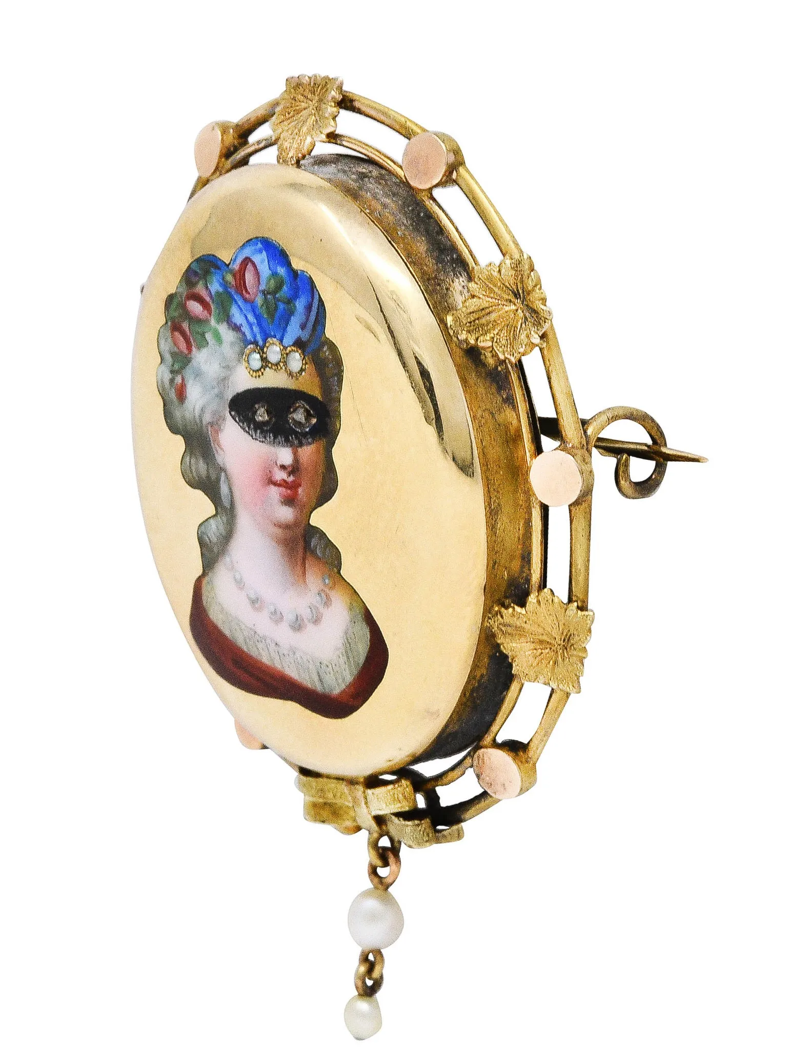 1860's Victorian Enamel Diamond Pearl 14 Karat Gold Masked Beauty Brooch