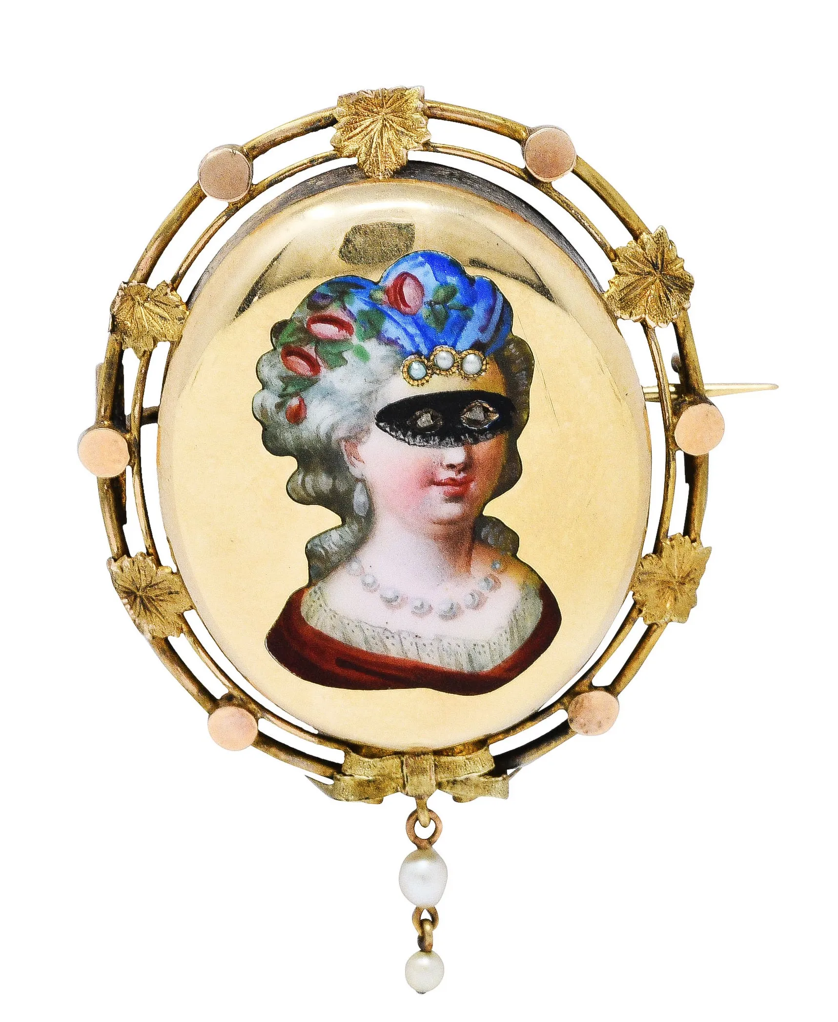 1860's Victorian Enamel Diamond Pearl 14 Karat Gold Masked Beauty Brooch
