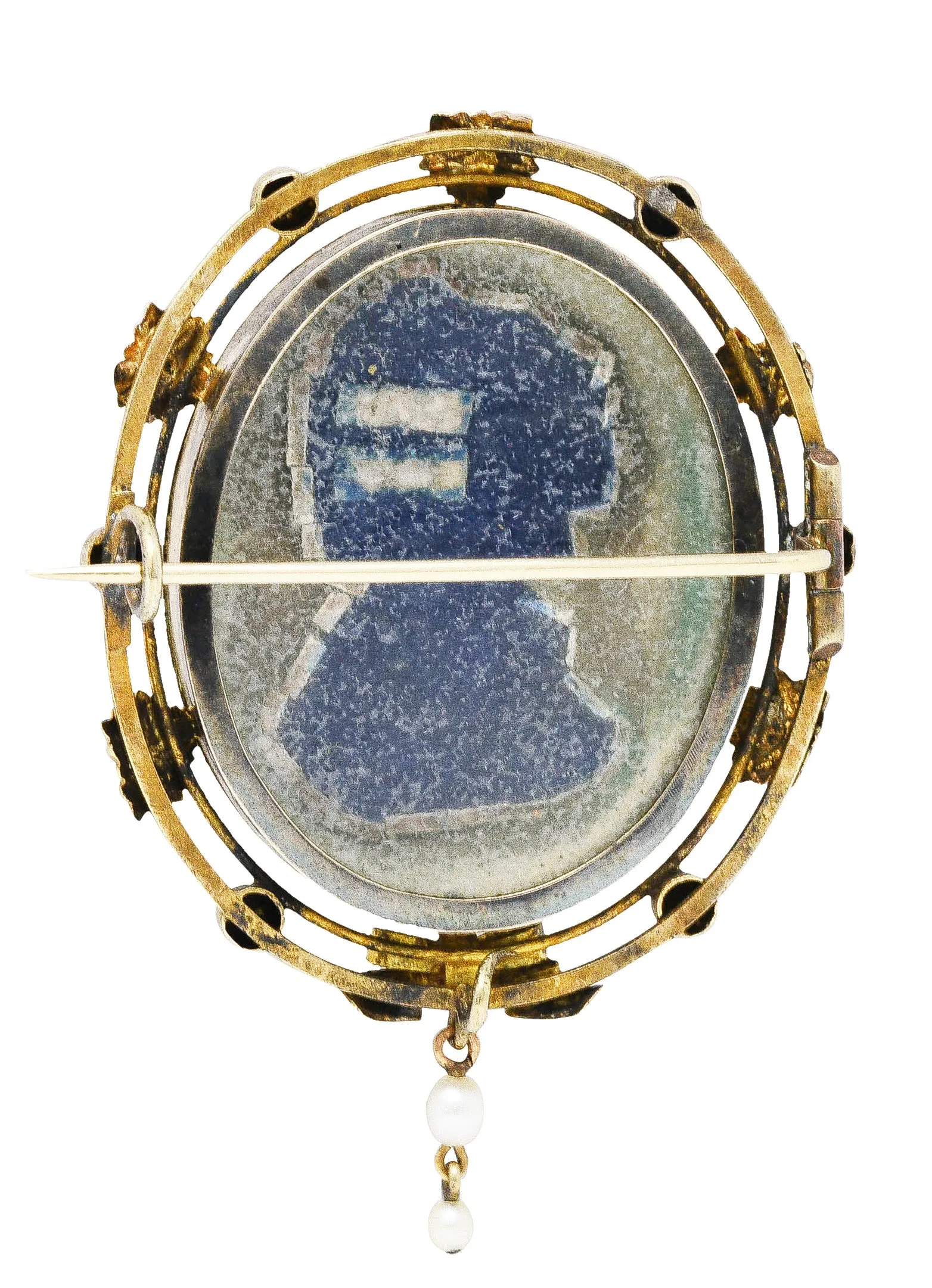 1860's Victorian Enamel Diamond Pearl 14 Karat Gold Masked Beauty Brooch