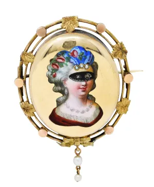1860's Victorian Enamel Diamond Pearl 14 Karat Gold Masked Beauty Brooch