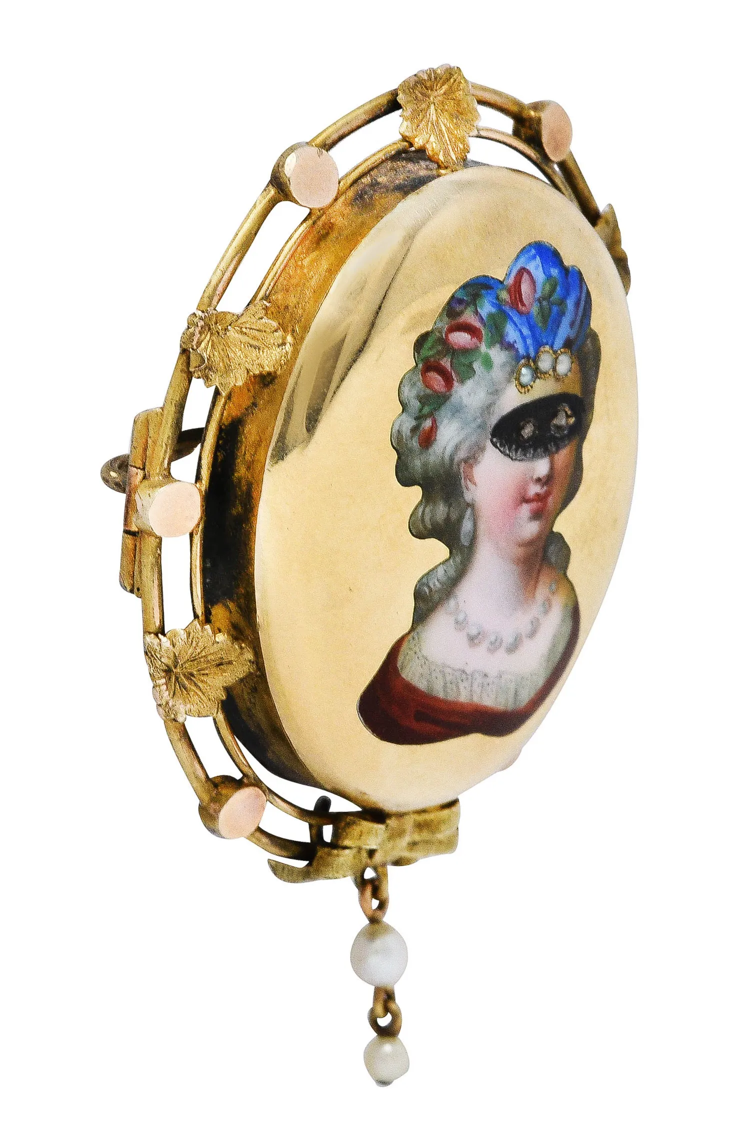 1860's Victorian Enamel Diamond Pearl 14 Karat Gold Masked Beauty Brooch