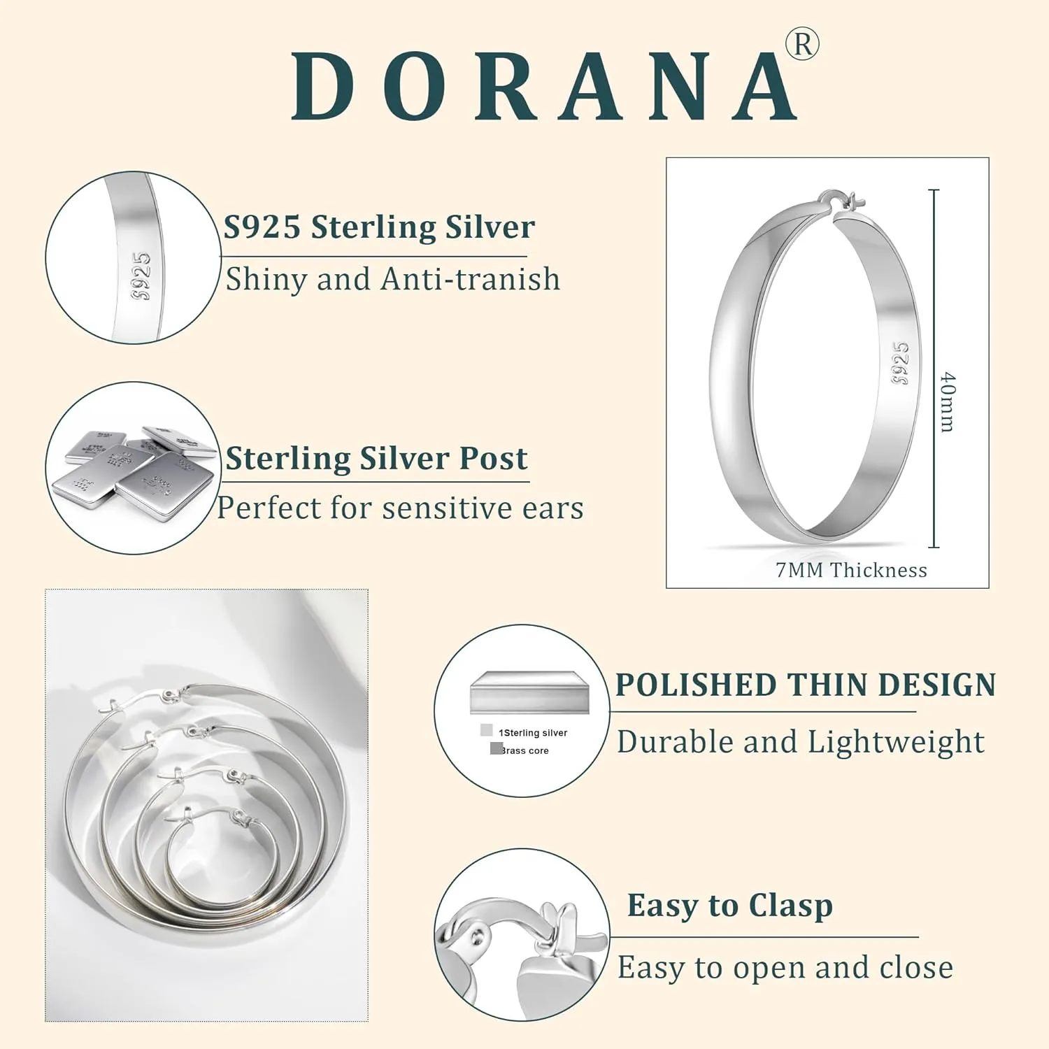 8mm Thick 925 Sterling Silver Hoops Earrings for Women 14K Real Gold Large Hoop Earrings Hypoallergenic and Lightweight Big Hoop Earrings for Women 20/30/40/50/60/70MM