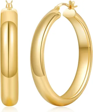 8mm Wide Chunky Gold Hoops 14K Real Gold Plated Hypoallergenic 925 Sterling Silver Hoops Lightweight Big Gold Hoop Earrings for Women 30/40/50/60mm