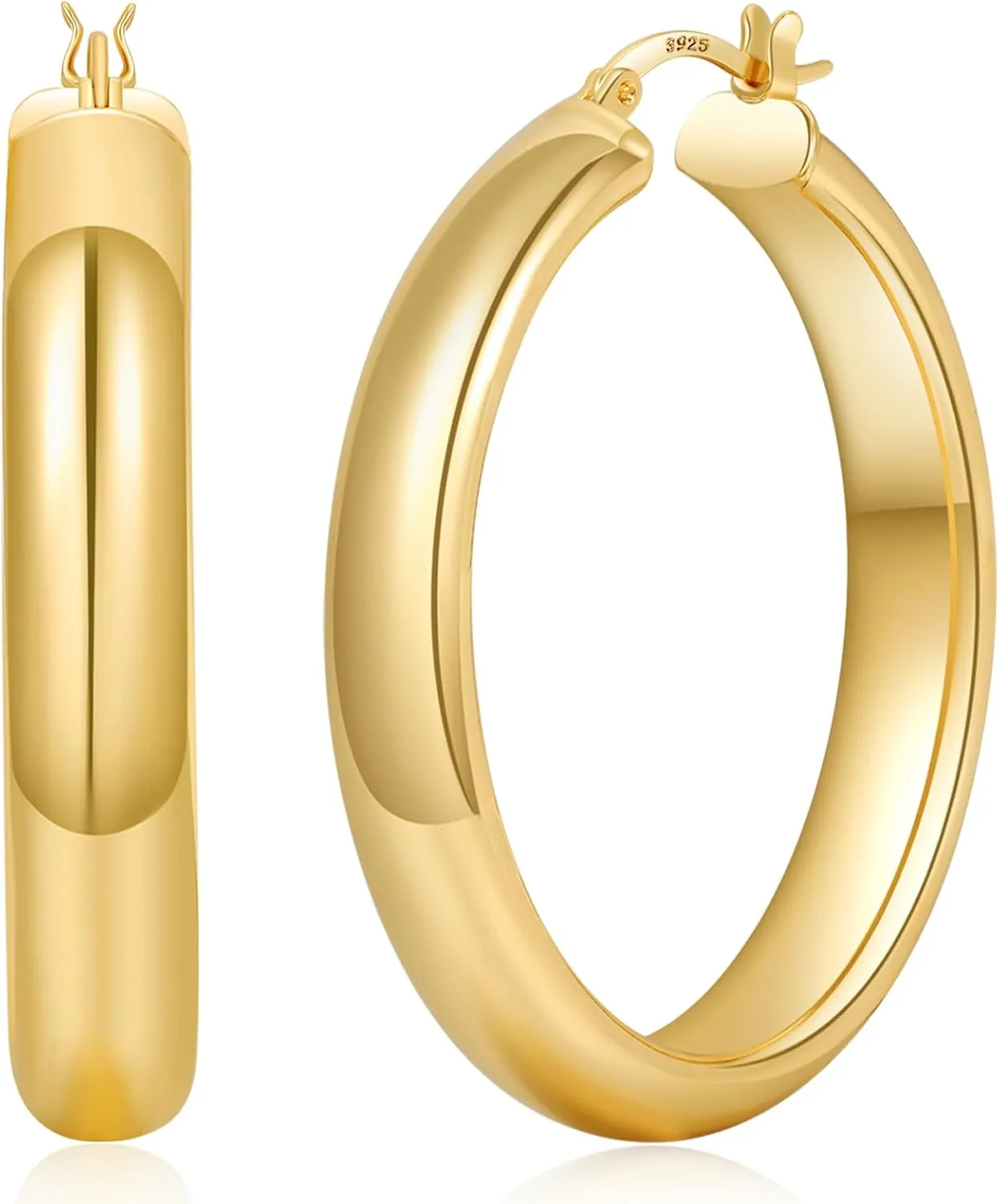 8mm Wide Chunky Gold Hoops 14K Real Gold Plated Hypoallergenic 925 Sterling Silver Hoops Lightweight Big Gold Hoop Earrings for Women 30/40/50/60mm