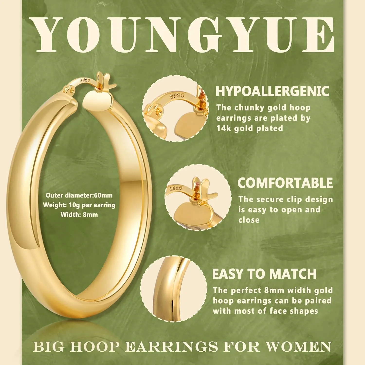 8mm Wide Chunky Gold Hoops 14K Real Gold Plated Hypoallergenic 925 Sterling Silver Hoops Lightweight Big Gold Hoop Earrings for Women 30/40/50/60mm