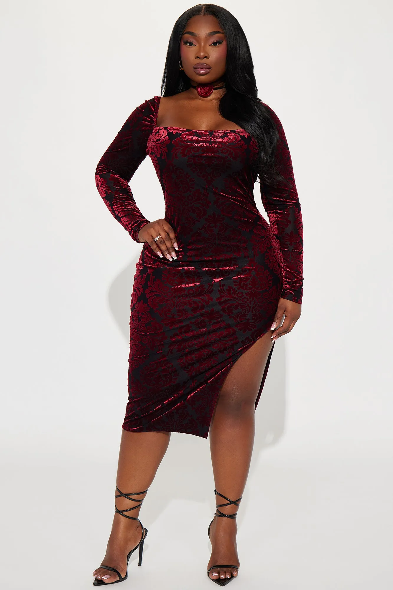 Alice Rose Velvet Midi Dress - Wine/combo
