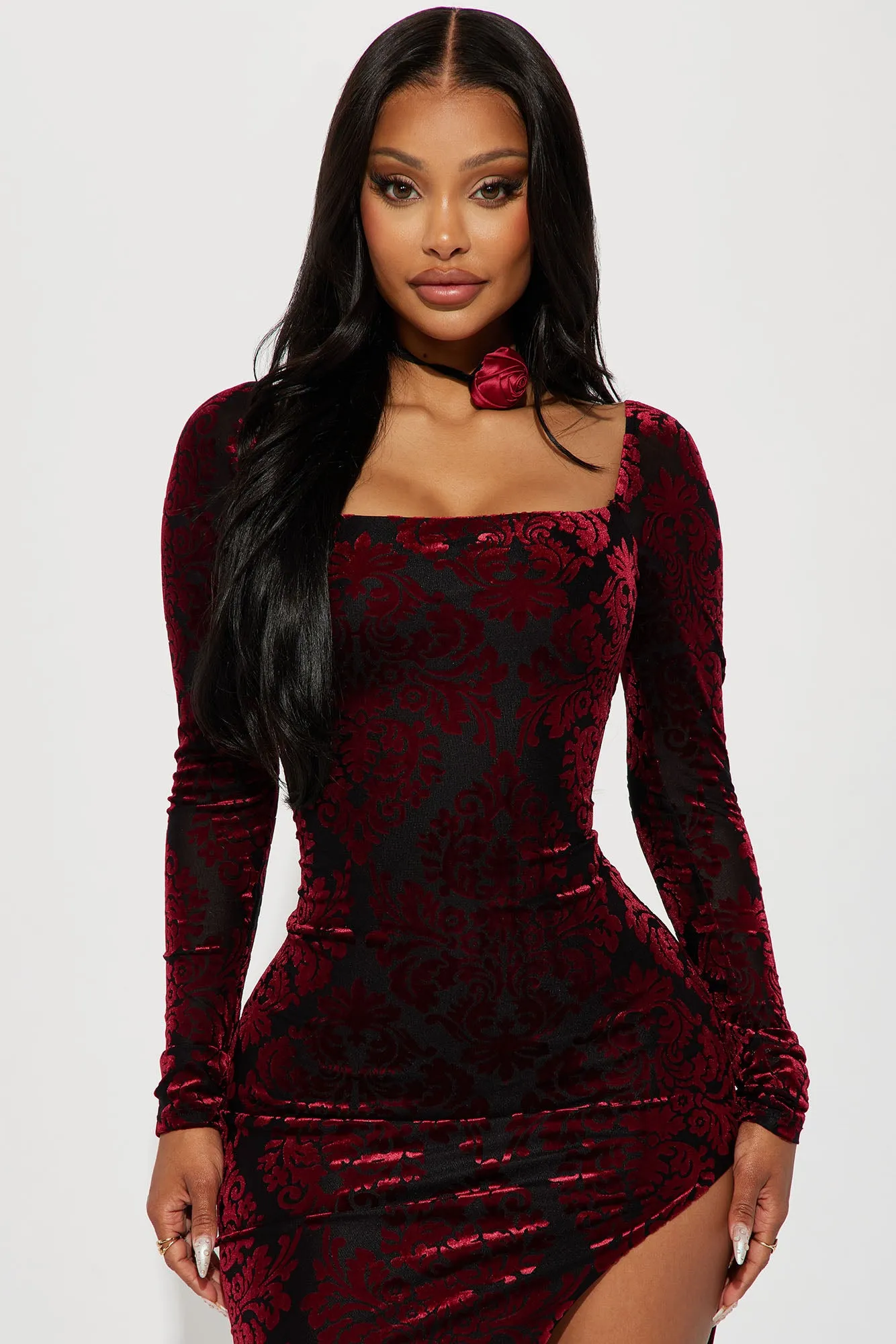 Alice Rose Velvet Midi Dress - Wine/combo