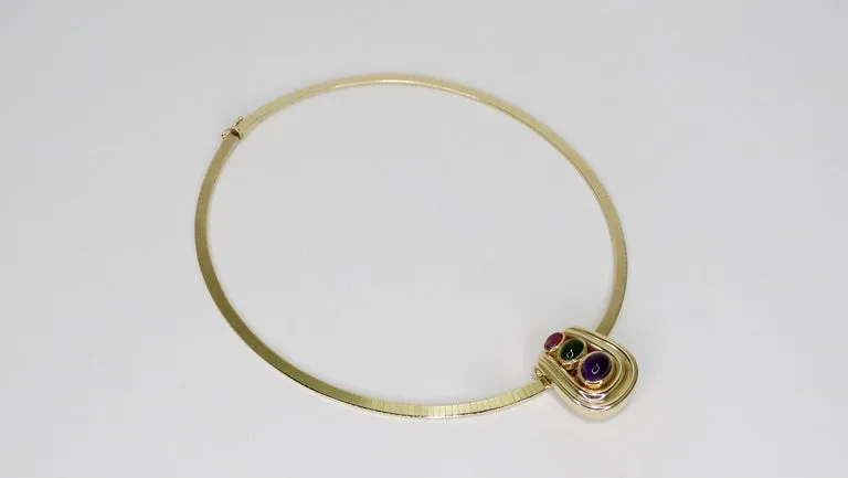 Amethyst & Tourmaline 14k Gold Choker Pendant Necklace