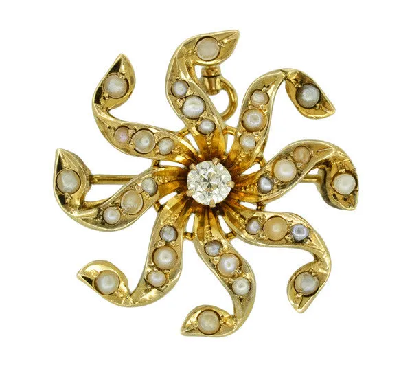 Antique Victorian 0.22 Carat Old European Cut Diamond and Seed Pearl Sunburst Brooch in 10 Karat Gold - Convertible Pin / Pendant