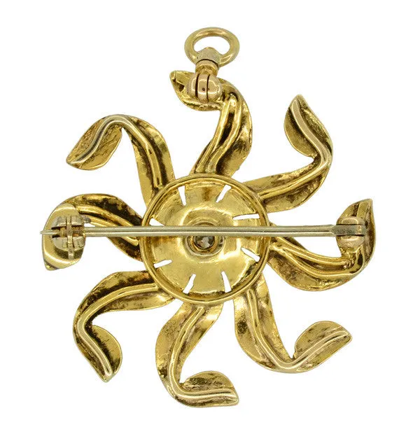 Antique Victorian 0.22 Carat Old European Cut Diamond and Seed Pearl Sunburst Brooch in 10 Karat Gold - Convertible Pin / Pendant